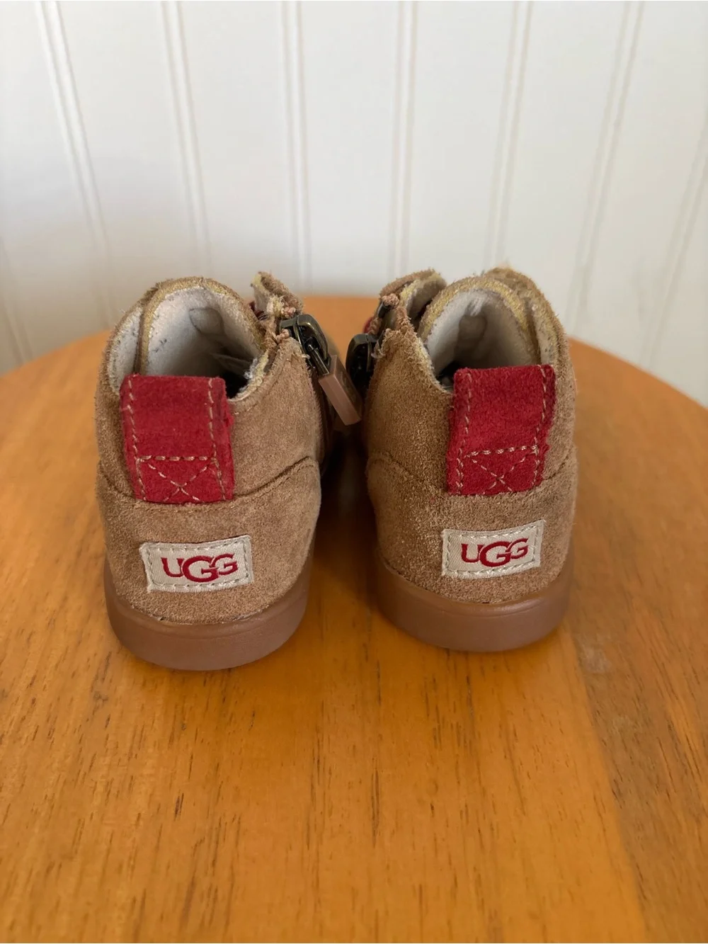 UGG Kids Tan Suede Ankle Boots with Burgundy Laces